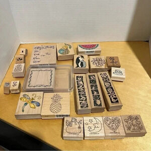 40+ Wooden Mounted Rubber Stamp And Plastic Stamps Lot Various Designs Christmas